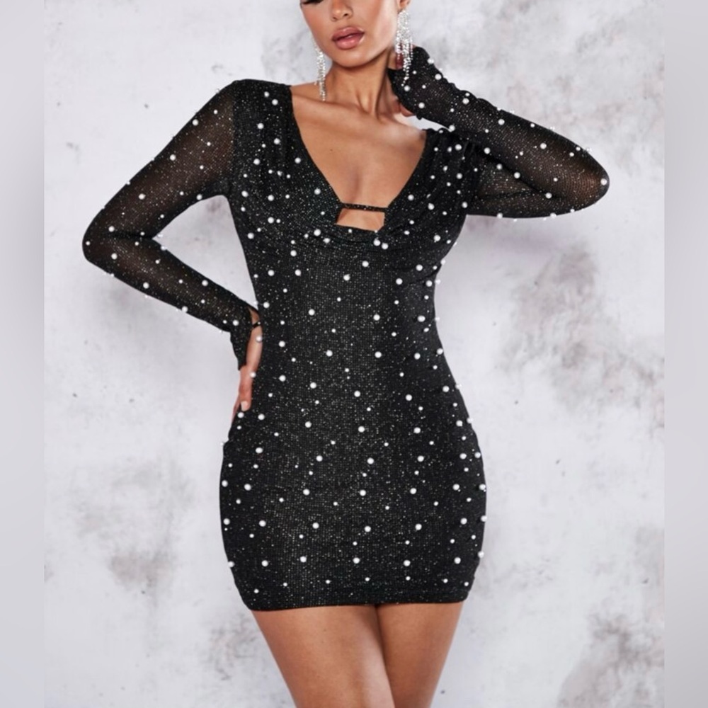 NTM: SHEIN Pearl Embellished Black Bodycon Mini Dress Long Sleeve Size Small - Picture 15 of 16